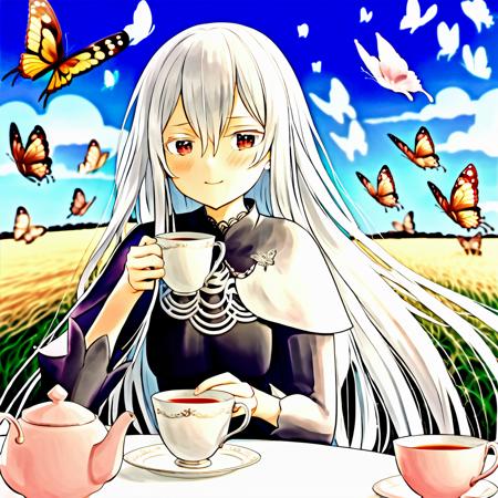 echidna, 1girl, sitting, drinking tea, looking at camera, long white hair, sky in background, blushing, surrounded by butterflies <lora:echidna:1>