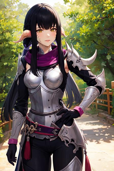 masterpiece, best quality, highres, aayugiri, long hair, black hair, blunt bangs, horns, scales, purple scarf, shoulder armor, japanese armor, gloves, pants, <lora:yugiri_mistwalker_v1:0.7>, hand on hip, standing, cowboy shot, outdoors