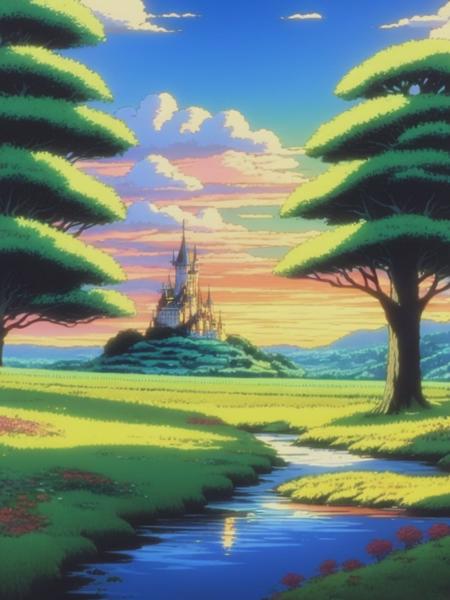 <lyco:StudioGhibli:1.0> 1990s dvd footage of studio ghibli movie sunset. path of gold, meadows, streams, and trees. a grand spectacular castle in the distance