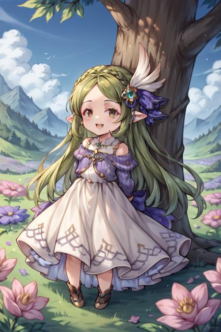 robertina, brown eyes, green hair, crown braid, hair ornament, pointy ears, dress,