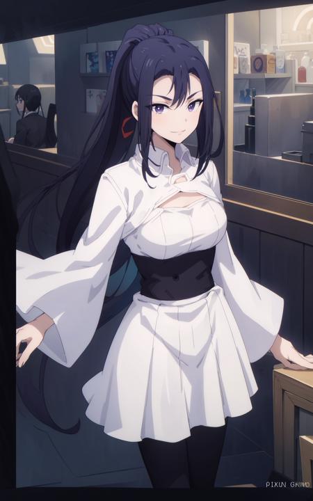 anime, ((medium up)), lixu, a woman with long black ponytail hair, three front hair strands, purple eyes, a white one-piece outfit, a black waistband, smiling, at the bar, 8k, Unreal Engine 5, octane render, by kyun, gamang, Yoon Gon-Ji, g.ho, gosonjak, shuroop, serious, domi, noah, trending on pixiv, fanbox, skeb, masterpiece, smooth soft skin, big dreamy eyes, beautiful intricate colored hair, symmetrical, anime wide eyes, soft lighting, concept art, digital painting, <lora:lixu:0.65>