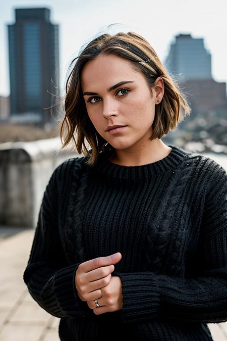 a face picture of  MonicaRaymundV4-900 (with black sweater:1.2), ((front view)), red lips, and a ((close up:1.3)), background is city ruins, (high detailed skin:1.2), 8k uhd, dslr, soft lighting, high quality, film grain, Fujifilm XT3