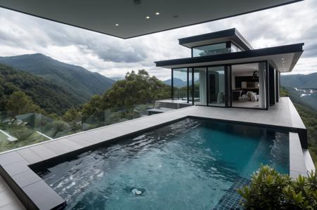 modern villa into the montain, on the edge of a cliff surrounded by waterfalls, cloudy weather, intricated architecture, 
(masterpiece),(high quality), best quality, real,(realistic), super detailed, (full detail),(4k),8k,pool, window, no humans, scenery, indoors,<lora:å·è°_Cool tones:1.0>