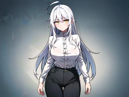 (masterpiece, best quality), intricate details, solo , 1girl , CielLion, long hair,white hair,ahoge, yellow eyes, (( facing view )),((( cowboy shot ))) <lora:CielLionhart-10:0.75>, black pants,white shirt,shirt,thick tights,large breasts