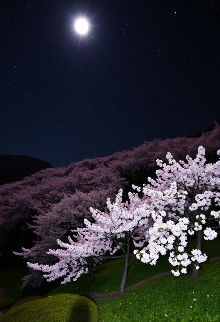 An incredibly beautiful garden of blooming sakura on the mountain slopes, illuminated by a bright moon, a dark night, a very starry sky, many bright stars in the sky.