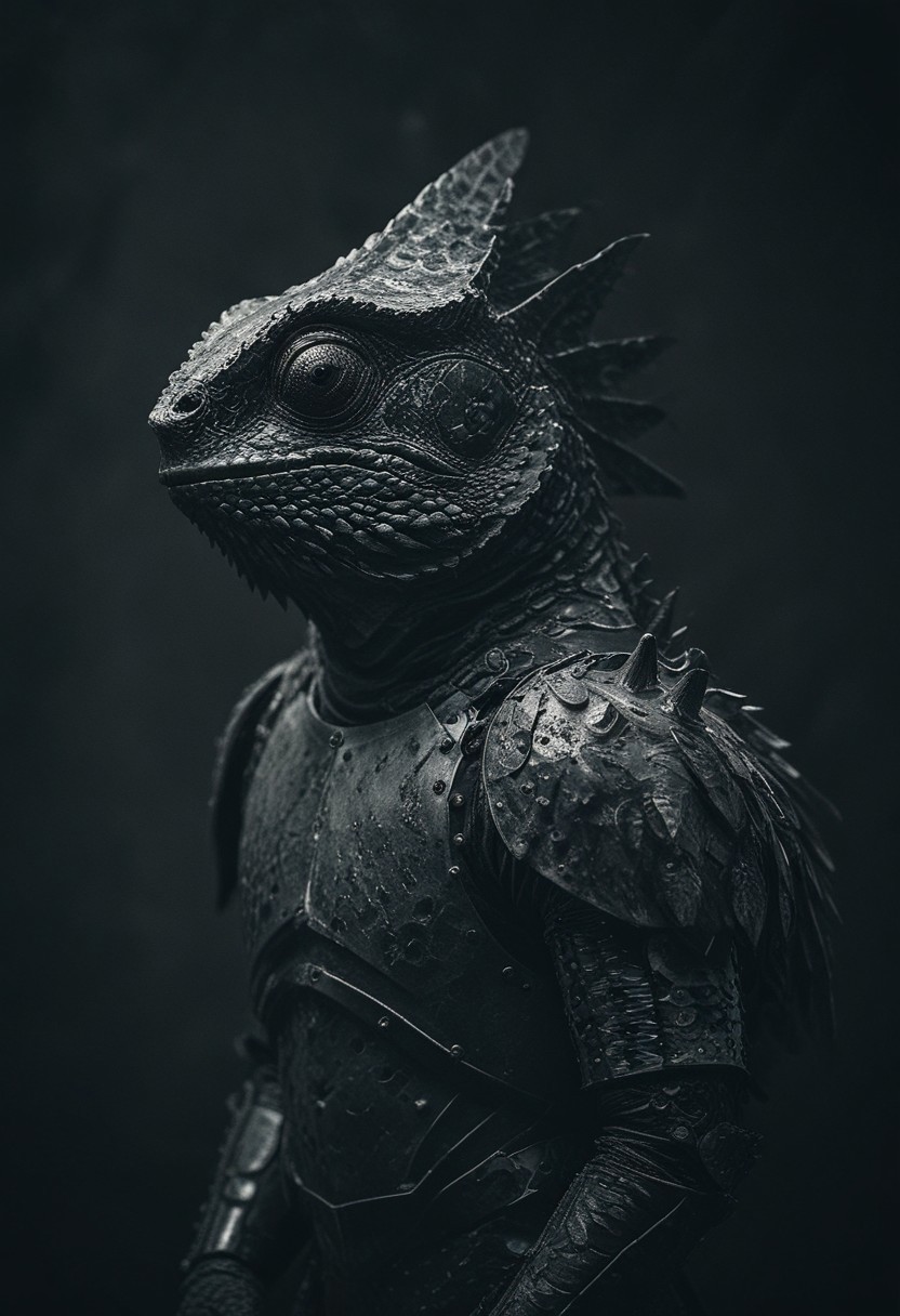 a wild black chameleon in iron armour, large black wings, studio background, high-contrast palette, subtle grain, cinematic quality, modern art photograph, looking at viewer