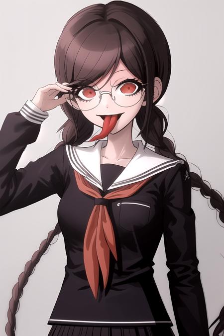 masterpiece, best quality, highres,<lora:GenocideJackDG:1>  , 1girl, solo, skirt, school uniform, neckerchief, pleated skirt, long sleeves, sailor collar, looking at viewer, black skirt, red neckerchief, black shirt, glasses, tongue out,