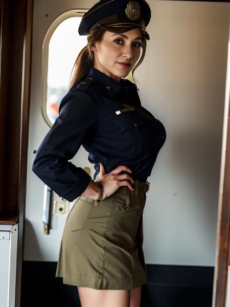 (perfect quality photograph, extremely high resolution, perfect details), sexy milf on aircraft carrier,  <lora:JosephineJackson:1>, tight long skirt, (tight plain tanktop shirt), shirt tucked in, (officer jacket, military uniform, uniform medals:1.4)