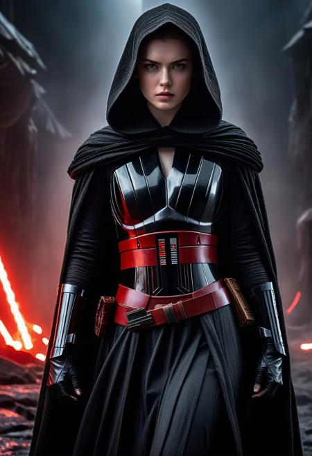 High resolution ultra-realistic of Beautiful Dark Sith Knightess, 8k, capturing the intensity of the moment, cinematic lighting, standing on a bloody and stormy battlefield in bloody battle, wavy black hair, realistic dirty pale face, realistic brown eyes, beautiful hourglass figure, burning in a Star Wars Town, intricately designed cloth dirty black robes, Star Wars Aesthetic, perfect athletic figure, beautiful Sadie Sink as Dark Sith Knightess, ultra realistic, cinematic style, vigorous and seductive, athletic figure, Star Wars style, dramatic lighting, wet and sweaty skin, dirty skin, athletic figure, dark fantasy, dramatic lighting, Greg Rutkowski style, Dark Sith Knightess on in Jedi dress, hyper-detailed, hyper-realistic,  natural light, extremely intricate details, masterpiece, epic, bright colours, Attractive 21 old years girl, Attractive, beautiful firm Breasts, sharp focus, digital painting, Photograph Taken on Nikon D750, Alphonse Mucha, 8K, athletic figure, Hyperdetailed, hyperrealism, Attractive, Attractive bust girl, asymmetric balance