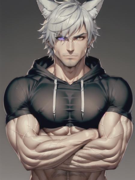 (T-shirt hood crossed arms, arms, muscle muscular Macho large pectorals abs veins, veiny_arms, veiny_hands, veiny_belly, veiny_breasts, dark_skin, upper_body), eyes_glittering, detailed_eyes, beautiful_and_delicate_eyes, anime_face, panning_photography, high-quality 8k ultra-resolution, face_like_game_character, character_design, best_quality, shirt, short_hair skindentation, (solo male, detailed_eyes streaked_hair), (wolf_ears), male_focus, short_hair, toned, toned_male