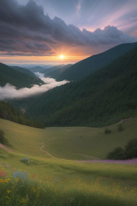 A landscape of tall grassy slope with colorful wildflowers collapsing into a cliff, someone is walking along the edge, The sun is just rising above the horizon, painting the sky in vivid hues and lighting the scenery, Epic clouds catch the sunlight and a storm seems to be building in the distance. in the distance steep mountains and a winding river in the valley below, light fog,