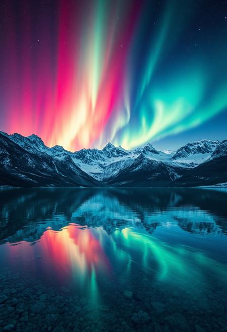 Immerse yourself in this breathtaking masterpiece that seamlessly combines the wonders of nature and imagination. The image presents a surreal, otherworldly landscape where a cascade of vibrant, swirling auroras paints the sky with rich, electric hues. Beneath this celestial light show, a serene, crystalline lake stretches out, perfectly mirroring the colorful spectacle above, creating a mesmerizing visual symmetry. Majestic, snow-capped mountains rise in the background, their rugged peaks softened by the gentle glow of the auroras. The intricate details of the scene, from the delicate ripples on the water's surface to the subtle interplay of light and shadow on the mountains, invite viewers to explore and lose themselves in this stunning panorama. The image captures a harmonious blend of natural beauty and fantastical elements, making it a captivating visual experience that promises to spark imagination and wonder. Dive into this vivid, enchanting world and let it inspire your sense of awe and creativity.