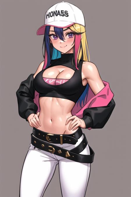 <lora:THEPIT:0.65>, THEPIT, masterpiece, best quality, 1girl, solo, navel, long hair, smile, hat, breasts, pants, looking at viewer, black headwear, hand on hip, simple background, white background, midriff, long sleeves, purple eyes, black pants, belt, blush, bangs, multicolored hair, baseball cap, blonde hair, small breasts, cleavage cutout, cleavage, clothing cutout, two-tone hair, crop top, shirt, hair between eyes