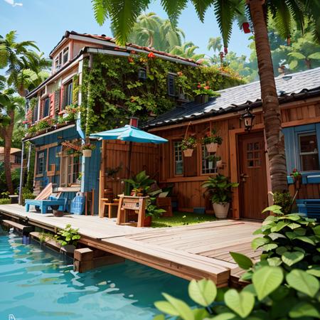 ((masterpiece,best quality)), absurdres,
<lora:Delfino_Plaza:0.7>, Delfino_Plaza, detailed small house, small island, detailed dock, detailed leaves on roof, detailed wooden door, big watermelon, palm tree,