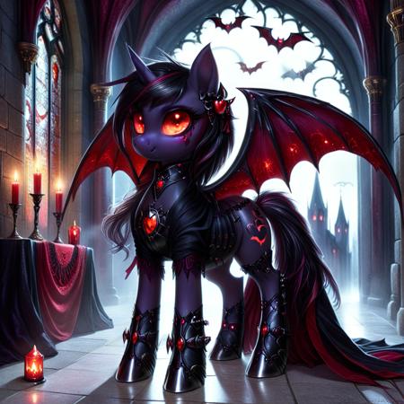 ethereal fantasy concept art of   <lora:Dark-Cute-Ponies:1> drkpny, <lora:420Futurism:0.7> 420futurism, cute futuristic pony, ultra-realistic, full-body shot of a vampiric pony, sleek obsidian-black coat shimmering under the crimson moonlight, glowing blood-red eyes piercing the darkness, elegant bat-like wings with intricate veins pulsing with eldritch energy, standing in the grand halls of a haunted vampiric castle, towering gothic spires reaching into the stormy midnight sky, ancient stone walls covered in arcane symbols glowing faintly, eerie candlelight flickering across deep velvet drapes, masterpiece, highly detailed, ultra resolution, soft mist swirling around hooves, massive stained-glass windows depicting forgotten vampiric deities, spectral figures lurking in the shadows, looking directly at the viewer, intricate silver-plated armor reflecting the dim torchlight, deep cinematic lighting enhancing the ghostly atmosphere. . magnificent, celestial, ethereal, painterly, epic, majestic, magical, fantasy art, cover art, dreamy