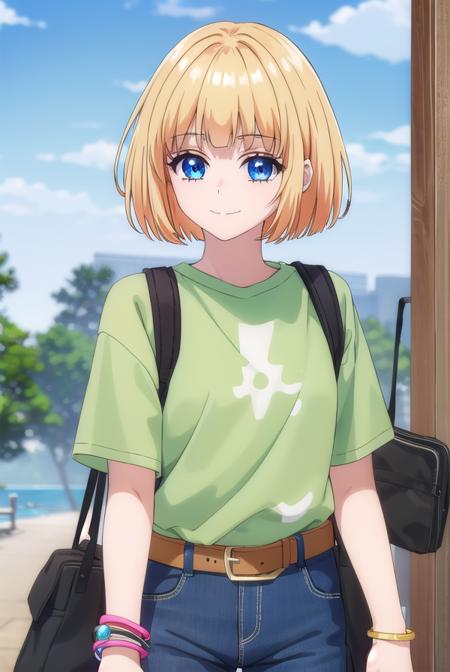 mona narumi, short hair, bangs, blue eyes, blonde hair, bob cut, shirt, jewelry, shorts, belt, bag, bracelet, green shorts,