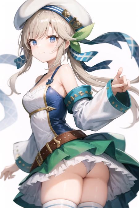 <lora:cucouroux-loha:1>
1girl, solo, cucouroux, thst, blue eyes, low twintails, blonde hair, medium breasts, (white beret), green ribbon, blue ribbon, belt, detached sleeves, pleated skirt, collarbone, bare shoulders, white jacket, white thighhighs BREAK
happy,  ,simple background,evening, from behind