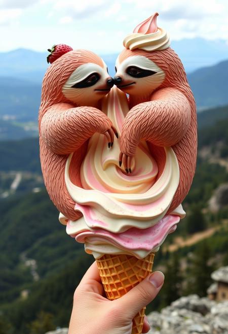 An elaborate ice cream figure sculpted into two sloths fighting, one strawberry and the other vanilla. The fine details of their faces and upper bodies flow into a swirl where their lower bodies circle each other. The mix of ice cream flows into a waffle cone held by a hand. The background is a view from a mountain of the valley below.