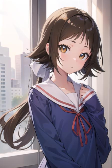 mashiromitsumine, <lora:mashiromitsumine-lora-nochekaiser:1>,
mashiro mitsumine, (brown eyes:1.5), brown hair, ponytail, (flat chest:1.2),
BREAK grey skirt, long sleeves, neck ribbon, red ribbon, ribbon, sailor collar, school uniform, skirt, white sailor collar, (blue shirt:1.5),
BREAK looking at viewer, full body,
BREAK indoors, classroom,
BREAK <lyco:GoodHands-beta2:1>, (masterpiece:1.2), best quality, high resolution, unity 8k wallpaper, (illustration:0.8), (beautiful detailed eyes:1.6), extremely detailed face, perfect lighting, extremely detailed CG, (perfect hands, perfect anatomy),