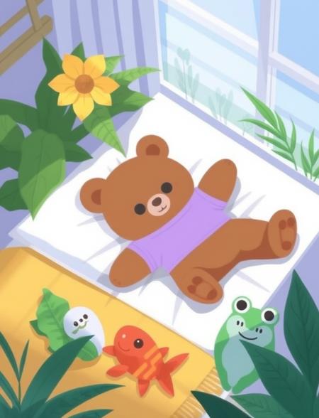 In this whimsical digital anime-style drawing, a brown bear teddy bear is lying on a soft, white pillow wearing a cozy lavender shirt. Nearby, green plants brighten the scene. A smiling goldfish toy is on a yellow blanket, and a frog plush is resting on a leaf-shaped pillow.

high quality, best aethestic, best composition
