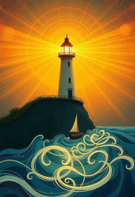A lighthouse beaming spirals of warm radiant light, guiding a tiny, enchanted boat across a sea of swirling abstraction., romantic landscapes, conceptual minimalism, playful surrealism, botanical illustration, rich natural colors, luminous lighting, intricate details, symbolic storytelling, delicate textures, whimsical fantasy, historical influences, ethereal atmosphere, fine art composition, soft yet vibrant contrasts, dreamy elegance