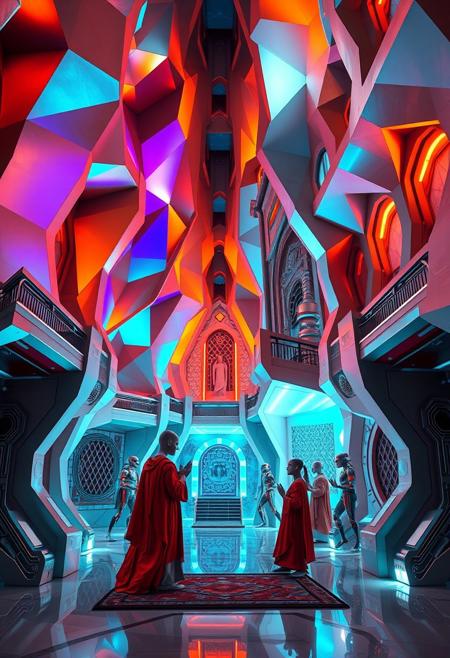 robot monastery, vibrant geometric forms, sharp and angular architecture, interlocking polygonal structures, multichromatic hues reflecting on metallic surfaces, exaggerated robotic monks, recursive shapes in the building design, intricate fractal patterns in the walls and pillars, glowing energy lines running through the structures, saturated colors of silver, blue, and orange, brutalist architecture with flowing yet rigid surfaces, stark lighting illuminating the monastery, dystopian vibe, sculptural robotic figures in prayer, minimal organic details, photorealism, high resolution, (emphasis on sharp geometric monastery and robotic forms:1.6), intersecting planes of metal and circuitry, fractured geometric walls, rigid forms, unsettling atmosphere, (blurry:-1.2), (ugly:-1.3), (polished:-1.3), (cartoonish:-1.1), (low quality:-1.2), (smooth surfaces:-1.4), (overly ornate:-1.5), (disjointed anatomy:-1.3), (noisy:-1.1), (bad composition:-1.3)