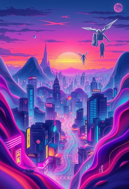 The town features a futuristic cityscape with glowing neon lights, abstract flowing shapes merging into the skyline, soft gradients blending between dusk and dawn, and ethereal figures floating in the air, all rendered in a fluid, dreamlike style, emphasizing vibrant colors, motion, and high contrast. The entire composition is vivid and dreamy, evoking a sense of wonder.