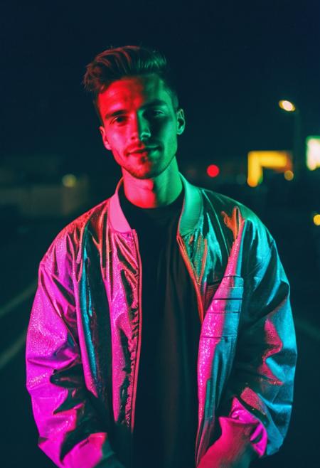 go pro photo, half body,1man, 25 y.o. , night , low andle, bright clothes 90's, grainy photo, analogue glitch effect, neon light, party