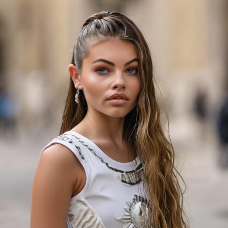 thylane blondeau A half body Portrait of a beautiful  woman, focus on eyes, sexy stare, dress as a roman goddess, eye level  <lora:thylane_blondeau_xl_lora :1>