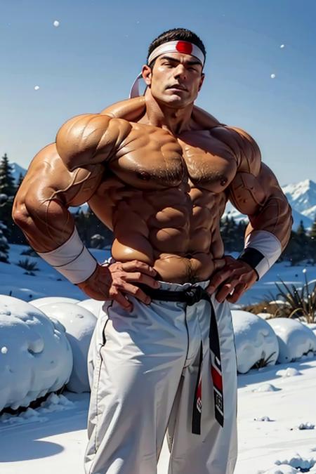 masterpiece, highres, raw photo, muscular:1.3, bara, GoroDaimon, 1guy, white headband, bracelets, medium shot, snow, black belt, squinty eyes, white pants, detailed face, hands on hips, <lora:GoroDaimon2-Stasis-000003:1.000000>