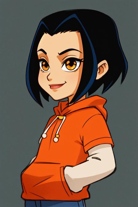 Jade, short black hair, brown eyes, hands in pockets,  upper body, smiling, 
JaOran, orange short sleeved hoodie, white long sleeves, hood down, sneakers , blue pants, 
cartoon Hong Kong,  morning, 
(insanely detailed, beautiful detailed face, masterpiece, best quality) cinematic lighting,
anime,  <lora:Jade:0.7>