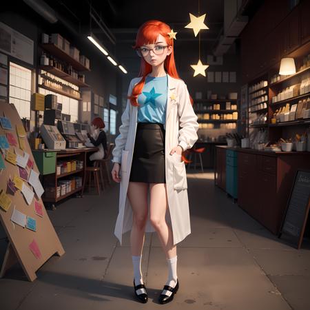 ((masterpiece, best quality)),(complex lighting), solo,solo focus, full body, 1girl, standing ,Susan test, labcoat, blue eyes, glasses, red hair, long hair,<lora:susanTest1-10:0.8>,pastel blue shirt, yellow star-shaped hair clip, white socks, black skirt, Mary Jane shoes, square glasses,front bang