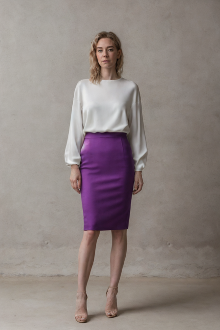 1girl, a woman in a white blouse and purple pencil skirt standing in an empty room, simple cement wall in the backdrop, heels
 <lora:vk88_uk_lora_v01:1> vk88, blonde hair