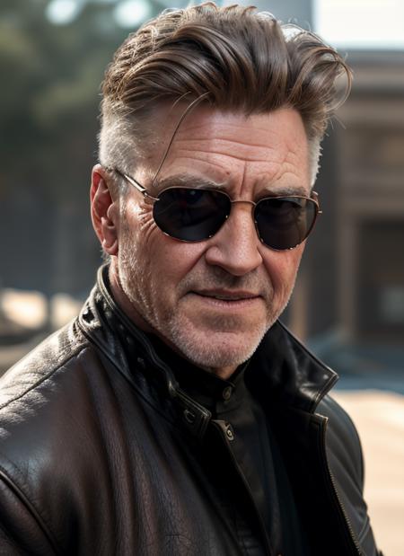 timeless style,  masterpiece, best quality, 8k, artstation, sharp focus, ultrarealistic, high details, raw photo portrait of dl1, man, masculine, (wearing the matrix leather jacket and sunglasses) with (sly smile), perfect face, perfect eyes, volumetric lighting, depth of field, cinematic lighting, 
 <lora:DavidLynch-10:0.8>