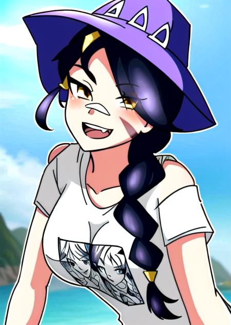 1girl, solo, long hair, looking at viewer, black hair, bandaid on face, yellow eyes, smile, bandaid on nose, braid, bandaid, bangs, breasts, open mouth, fang, bare shoulders, scar, teeth, shirt, bare shoulders, white shirt, short sleeves, closed mouth, t-shirt, hair over one eye, portrait, hair over shoulder, shorts,sandals, breast,hat,<lora:Erisafortnite-09:1>