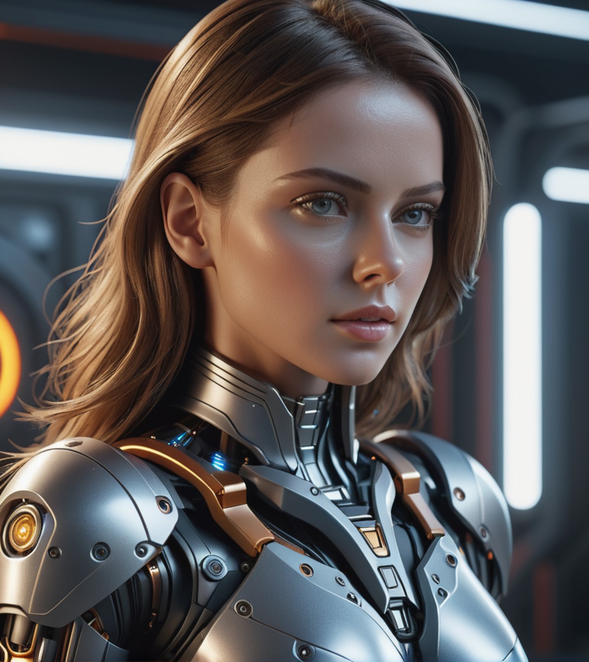Mechanical female android looking, cinematic lighting, intricate, elegant, super highly detailed, art station, concept art...
