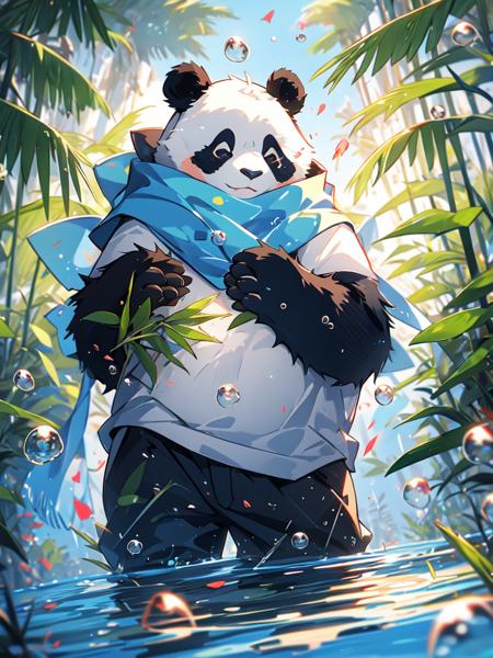 MG xiongmao,1 Panda,(swimming at the bottom of the water:1.2),Bubble,solo,furry,grass,leaf,closed eyes,petals,standing,scarf,no humans,Moon,