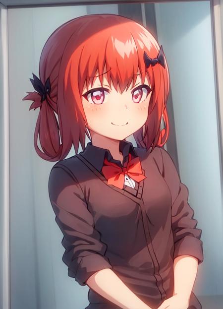 satanichia_kurumizawa_mcdowell, 1girl, solo,,hair bow,  <lora:satanichia_v1:0.8>, blue_sky, solo, sky, smile, school_uniform, short_sleeves, upper_body, day, shirt, window, sweater_vest, (red bow:1.25), (hair ornament:1.25), (illustration:1.1),(best quality),(masterpiece:1.1),(beautiful and clear background:1.25),(extremely detailed CG unity 8k wallpaper:1.1), (colorful:0.9),(depth of field:0.75)