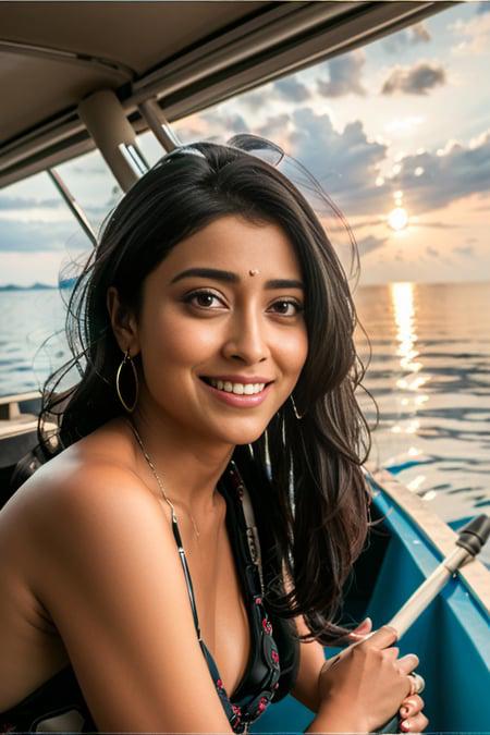 close up RAW photo of a Shriya Saran smiling, in a boat, detailed bkini, black slick hair, enhanced skin texture, beach, heavy sunset, island in a background, detailed background,(lust), (intricate:1.4), dramatic, epic, octane render, rim light, dim light modelshoot style, 8k, ultra detail,   <lora:shriya:0.9>