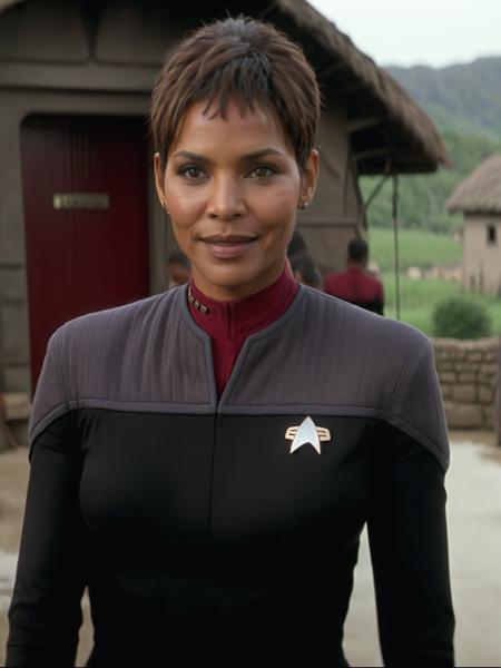 halle berry in black and red ds9st uniform,in a village<lora:DS9XL:0.8>