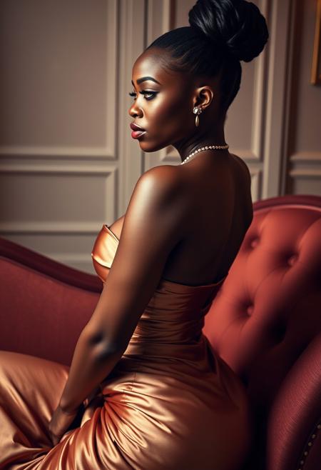 Masterpiece, Portrait of a sexy african debutante, highly detailed, best quality, beautiful face profile, full lips, closed mouth, HairDetail, arched back, romantic parlor, silk evening gown, huge breasts, sideboob, slender body, tiny waist, defined abs, curvy hips, round ass, simple jewelry, laying seductively on an upholstered chaise lounge, sensual dim lighting, hidden hands, eye contact, lustful eyes