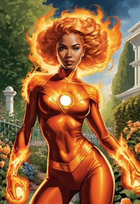 (art definition The powers of The Human Torch-The Human Torch Woman: The Fantastic Four Style:0.9), with the same stretching powers of Johnny Storm (artist design by Marvel Universe:1.1), (kind young lightskin biracial feminine woman as lowly prostitute, character maiden of light, magical prowess, glowing auras, pristine skin, detailed bright pupils, supple body:1.4), (in a garden with her girlfriends:1.5), (change pose each iteration:2)
