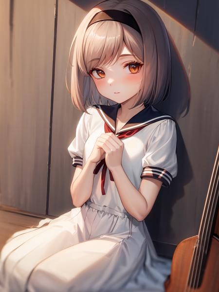 masterpiece, best quality, 1girl, solo, <lora:henp-4:1>,hair_band, short_hair, white_dress,sailor_collar,instrument_case,