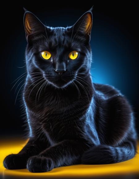 magical black cat sitting, glowing yellow eyes, blue ambient lighting, 4k render, hyper-realistic, full body image, solid black background,  <lora:add-detail-xl:1>