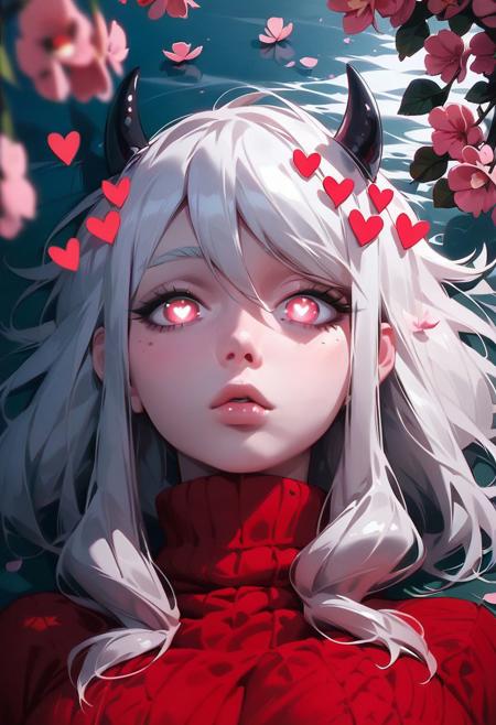 score_9, score_8_up, score_7_up, Expressiveh, 1girl, modeus (helltaker), light skin, lake, looking at the viewer, ((best eyes)), face, laying, ((close-up)), (explicit), (best quality), Cherry blossom, pink eye, (red sweater, long sleeves),  eyes focus, pupils , big breasts,expressionless,heart-shaped pupils, heart