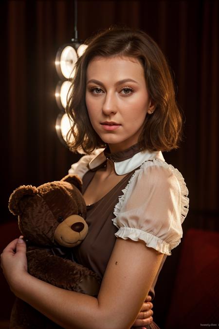 <lora:EmyliaArgan_v2:1> emyliaargan, hugging a big teddy bear, medium brown hair, makeup, collar blouse, cinematic, portrait, rim light, highly-detailed, ultra-realistic,