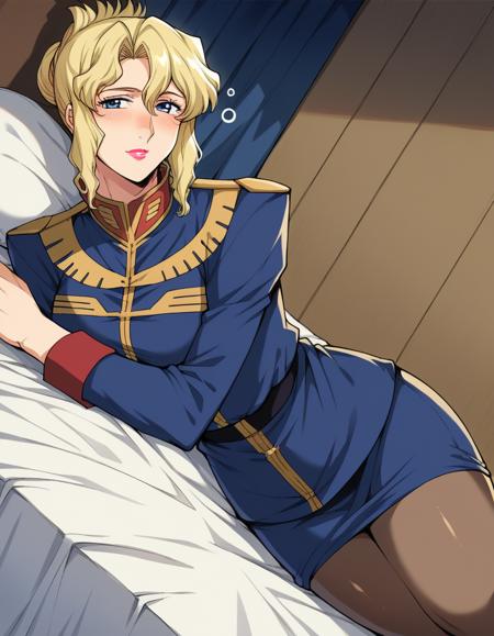 <lora:jane-contie-manga-ponyxl-lora-nochekaiser:1>, jane contie, blue eyes, blonde hair, large breasts, makeup, lipstick, mature female, folded ponytail, sidelocks, pantyhose, uniform, military, military uniform, epaulettes, high collar