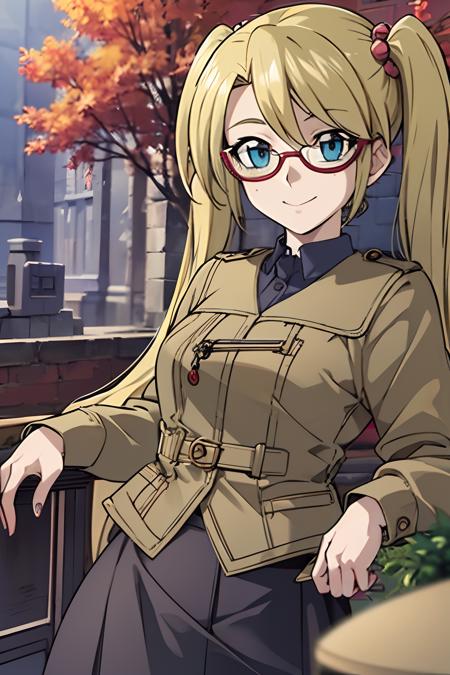 (masterpiece, best quality, ultra-detailed), 1girl, Rebecca Hopkins, blonde hair, twintails, red glasses,looking at viewer, portrait shot, smile