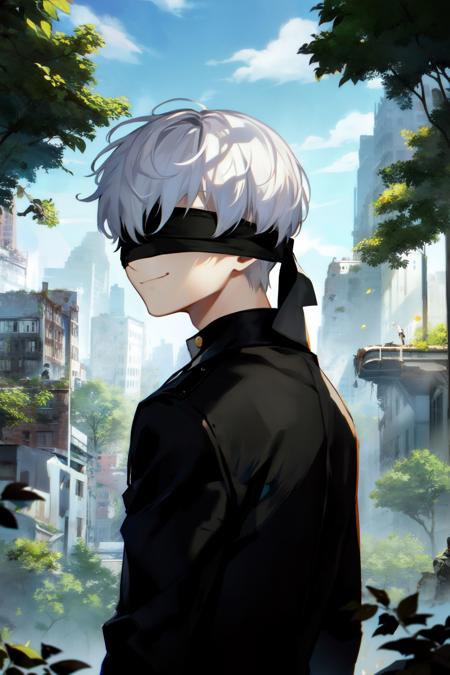 ((masterpiece:1.2, best quality)), 1boy, facing front, looking at viewer, (upper body:1.3), smiling, blue eyes, (opening blindfold:1.3), silver hair, short hair, black gloves, black blindfold, black jacket, black shorts <lora:yorha_9s:0.7>, destroyed city, daytime, leaves, overgrown buildings