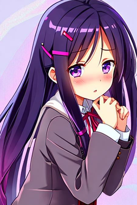 1girl, yuriddlc, solo, purple eyes, long hair, hair ornament, purple hair, hairclip, school uniform, blush, looking at viewer, jacket, parted lips, ribbon, interlocked fingers, own hands together, hair between eyes, bangs, long sleeves, wide-eyed, school background, showing_ass:1.3